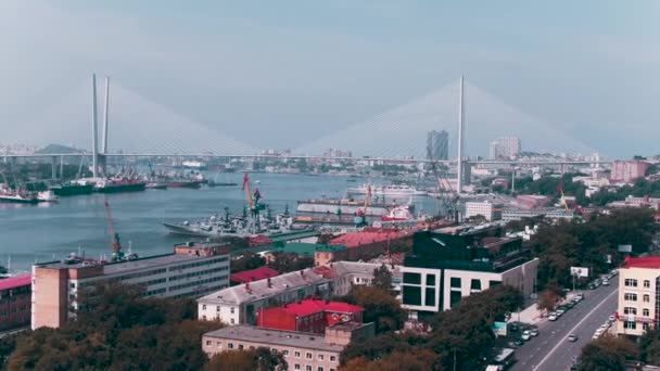 Ponte Oro Vladivostok Russia Drone Vista Sulla Città Portuale Giornata — Video Stock