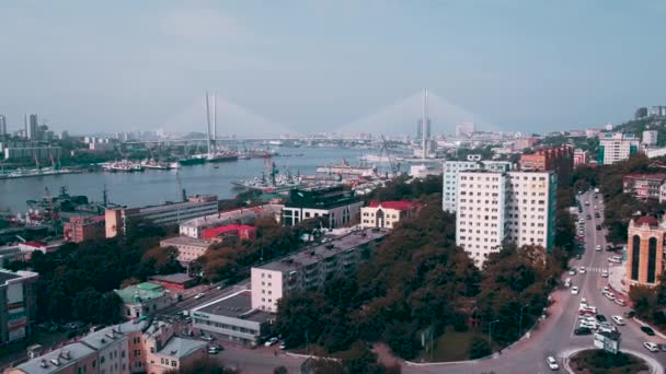 Puente Oro Vladivostok Rusia Drone Vista Ciudad Portuaria Día Soleado — Vídeo de stock