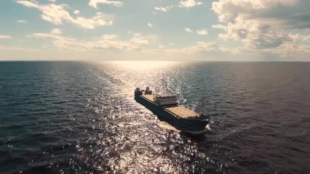 Cargo Ship Sailing Sea Aerial View Bright Blue Sky — Stock Video