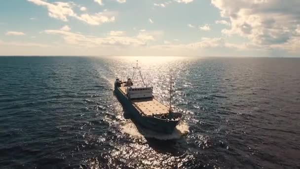 One Ship Sailing Sea Aerial View — Stock Video