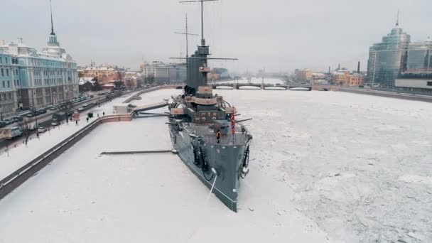 Aerial View Cruiser Aurora Neva River Center Saint Petersburg View — Stock Video