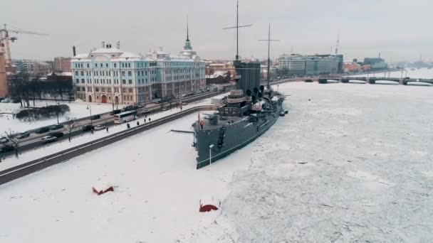 Flygfoto Över Kryssaren Aurora Neva Floden Centrum Sankt Petersburg Utsikt — Stockvideo