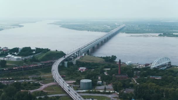 Вид Воздуха Железный Железнодорожный Мост Река Амур Хабаровск — стоковое видео