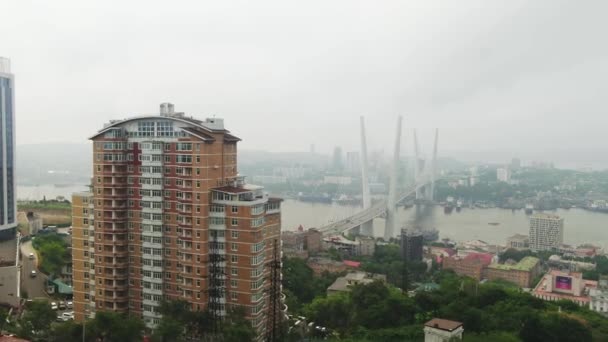 Golden Bridge Vladivostok City Aerial View — Stock Video