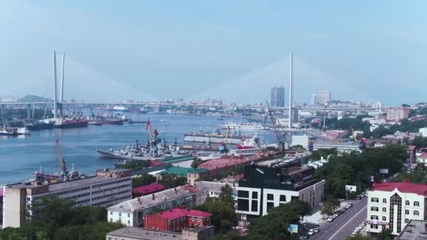 Vladivostok Liman Şehrinin Havadan Görüntüsü Şehrin Çatılarının Insansız Hava Aracı — Stok video