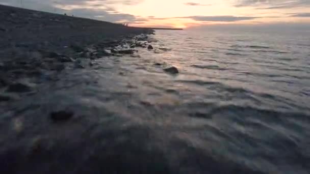 Drone Footage High Speed Flight Low Stone Shore Bay Sunset — стокове відео