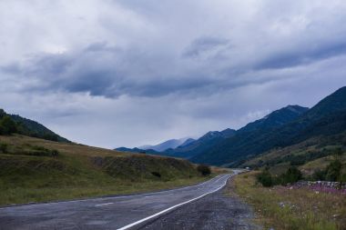 Sinematik yol manzara dumanlı yol. Sis. Çapraz-işleme. Vintage tarzı. Instagram filtre.