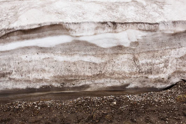 泥泞的冰融化水泡沫泥浆纹理-顶视图的与冬季冰雪融化，地面和水中的泥和草，泥泞的地面纹理气泡. — 图库照片