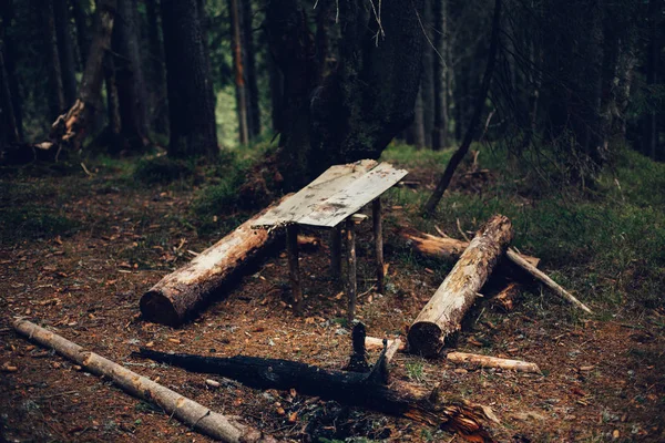 木制餐桌和一片森林在秋季的长凳上 — 图库照片