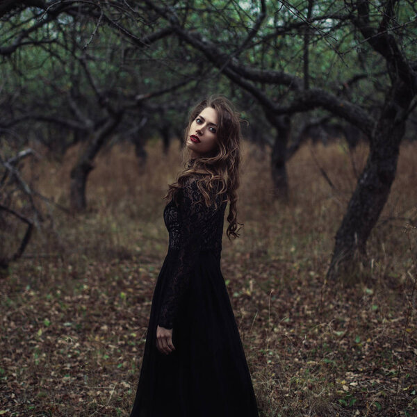 Beautiful girl in in black vintage dress with curly hair posing in the woods. Woman in retro dress lost in the forest. Worried sensual emotion . Retro fashion. Red lips.