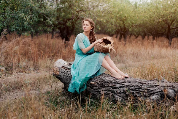 Mujer romántica con vestido largo y elegante sentado en el campo, temporada de otoño, relajación en el campo, disfrutar de la naturaleza, concepto de placer — Foto de Stock
