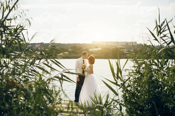 Elegante novio elegante y elegante novia cerca de río o lago. Pareja de boda enamorada — Foto de Stock
