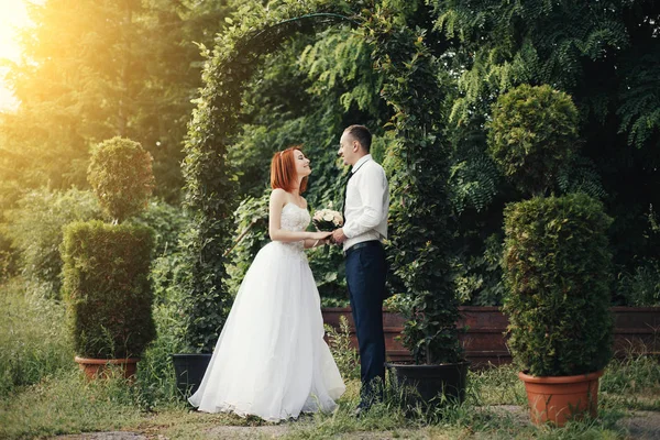 Schöner Bräutigam hält die Hand der Braut in der Nähe des grünen Blumenbogens — Stockfoto