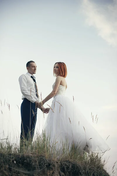 Elegante noivo elegante doce e noiva perto do rio ou lago. Casamento casal apaixonado — Fotografia de Stock