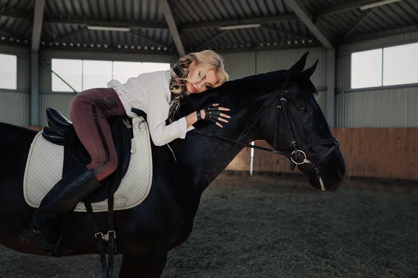 Piękny elegancki Młoda Blondynka leży na jej czarny koń opatrunku jednolite konkurencji biała bluzka koszula i spodnie brąz. — Zdjęcie stockowe