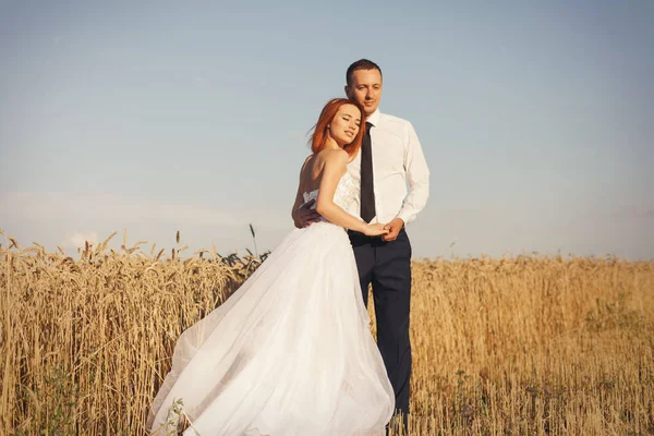 Πανέμορφη νύφη και το γαμπρό στο πεδίο σιτάρι. Ευτυχία και το γάμο — Φωτογραφία Αρχείου