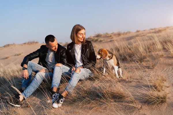 Молодая красивая кавказская пара в кожаной куртке и джинсах гуляет по песку пустыни с собакой Бигл лучшим другом . — стоковое фото