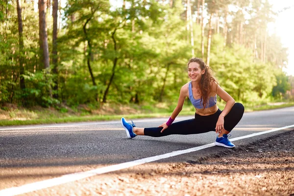 Young Woman Warming Forest Road Jogging Attractive Girl Stretching Running — Stock Photo, Image