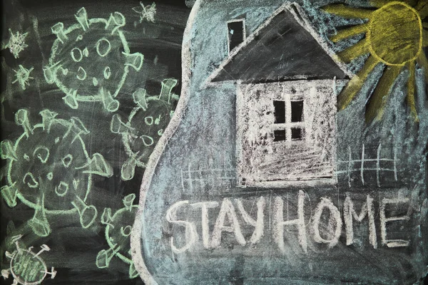 Stay Home Outbreak Warning Written White Chalk Blackboard Connection Epidemic — Stock Photo, Image