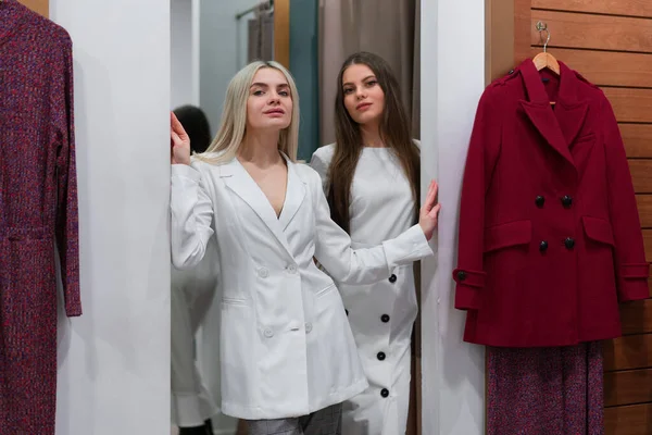 Dos Mujeres Boutique Moda Eligen Vestido Estilista Profesional Ayuda Los — Foto de Stock