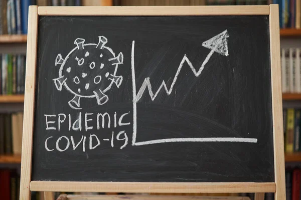 Outbreak Warning. written white chalk on blackboard in connection with epidemic of coronavirus worldwide. Covid 19 pandemic Text on black background with free space. drawn virus bacteria