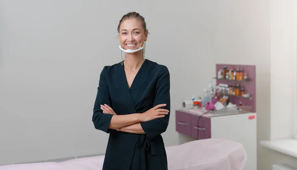 Cosmetology Cabinet Beautician Stands Mask Smiles Preparation Procedure Permanent Eyebrow — Stock Photo, Image