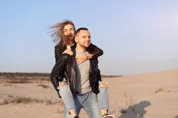 Happy Cute Adorable Adult Couple Leather Jacket Jeans Man Woman — стоковое фото