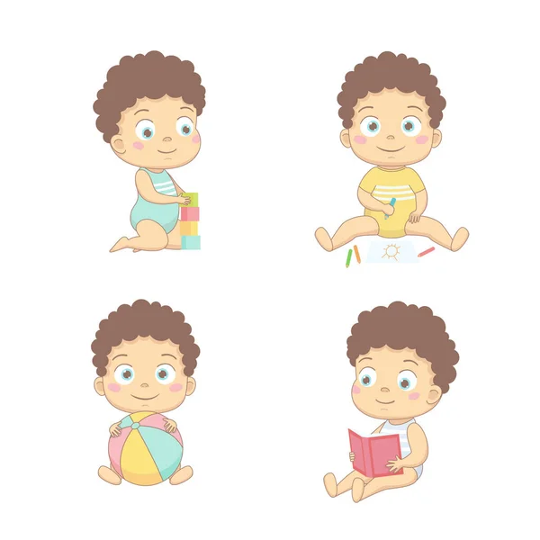 Cute babies draw with pencils, play with cubes, with a ball, read a book. Vector illustration on a white background.