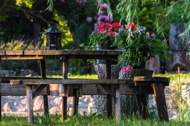 kırmızı, mavi ve pembe çiçekli ahşap bir blok ve saksılar üzerinde odaklanma ve keskinlik; ön bir ahşap yuvarlak masa bulanık