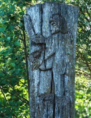 Eski, eski ahşap sütun, havadan gri, yeşil bir arka plan karşı