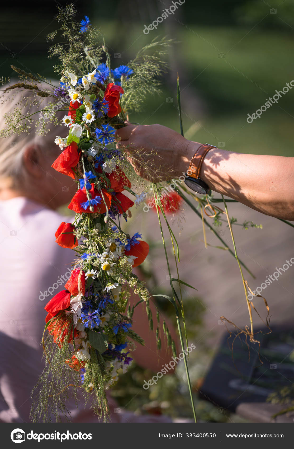 Two Women Hands Weave Wreath Summer Solstice Tradition Wreath Field Stock Photo Image By C Dainiszv 333400550