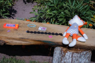 Bahçeye tahta bir tahta üzerinde çocuk oynadı ve çeşitli eşyalar bıraktı, oyuncak tilki.