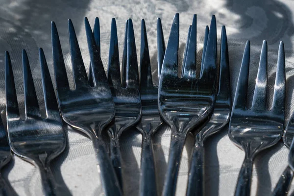 Multiple Forks Gray Tablecloth Focus Sharpness Individual Areas — Stock Photo, Image