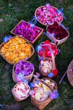 Çimlere serilmişti, mandalalar için farklı renklerde gül yapraklarıyla dolu sepetler.