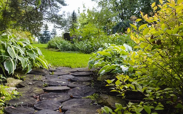 Bahçede meşe disklerinden gelen patika, her iki tarafta da hostesler yetişiyor.