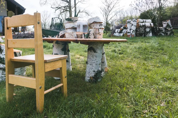 Children Table Chair Table Legs Birch Trunk Sawn Birch Firewood — Stock Photo, Image