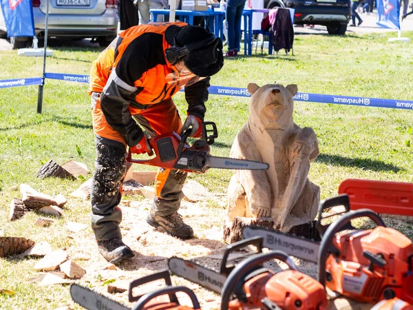 Adam elektrikli testereile bir ağaçtan bir rakam keser