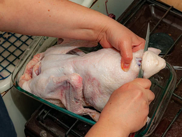 raw duck carcass cut off with a knife the rump