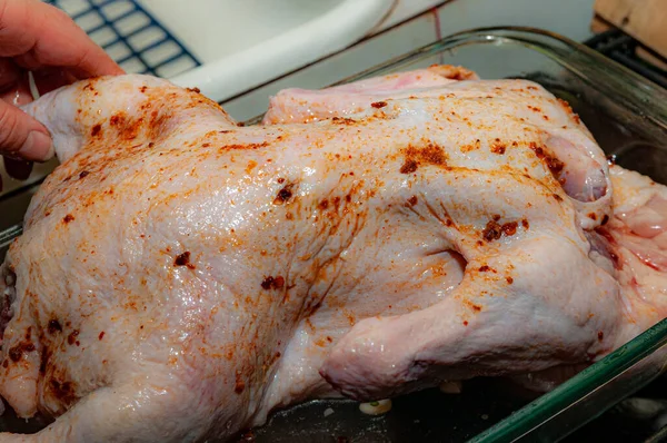 Roher Entenschlachtkörper Wird Mit Gewürzen Eingerieben Kochprozess — Stockfoto