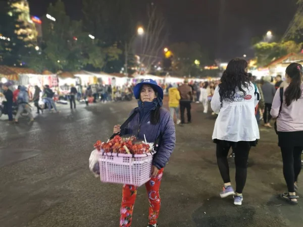 Dalat Vietnam December 2019 Scène Van Drukke Nachtmarkt Met Straatverkoper — Stockfoto