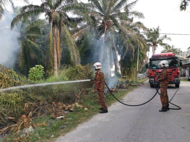 Perak,Malaysia. March 13,2020: Firemen extinguishing the fire with strong water hose at oil palm plantation along the Taman Bunga Raya Area.