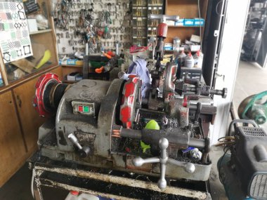 Perak,Malaysia. March 13,2020: Scene of all the equipments and tools use to duplicate assortments of spare keys at Ah Lau Hardware Shop Kampong Koh.