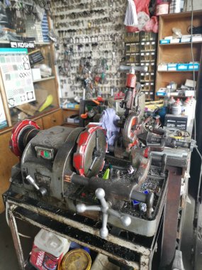 Perak,Malaysia. March 13,2020: Scene of all the equipments and tools use to duplicate assortments of spare keys at Ah Lau Hardware Shop Kampong Koh.