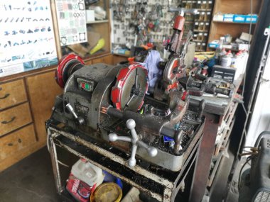 Perak,Malaysia. March 13,2020: Scene of all the equipments and tools use to duplicate assortments of spare keys at Ah Lau Hardware Shop Kampong Koh.