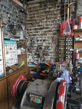 Perak,Malaysia. March 13,2020: Scene of all the equipments and tools use to duplicate assortments of spare keys at Ah Lau Hardware Shop Kampong Koh.