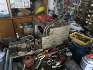 Perak,Malaysia. March 13,2020: Scene of all the equipments and tools use to duplicate assortments of spare keys at Ah Lau Hardware Shop Kampong Koh.