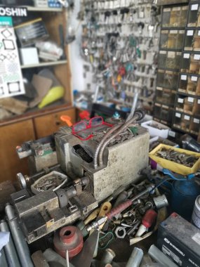 Perak,Malaysia. March 13,2020: Scene of all the equipments and tools use to duplicate assortments of spare keys at Ah Lau Hardware Shop Kampong Koh.