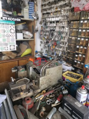 Perak,Malaysia. March 13,2020: Scene of all the equipments and tools use to duplicate assortments of spare keys at Ah Lau Hardware Shop Kampong Koh.