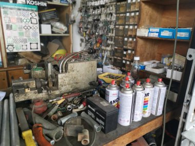 Perak,Malaysia. March 13,2020: Scene of all the equipments and tools use to duplicate assortments of spare keys at Ah Lau Hardware Shop Kampong Koh.