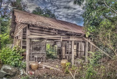 Çalılıklarda harap olmuş ahşap bir ev.